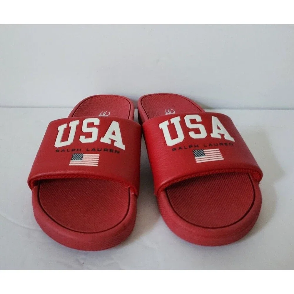 Polo Ralph Lauren IVER Slides Sandals Flag USA Eva Red Grade School Kids Size 11